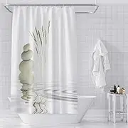 OERJU Casual Style Shower Curtain Zen Spa Balanced Stone Wild Grass Reflection in Water Meditation Still Life Art Design Bath Curtain White Waterproof Fabric Bathroom Decor Set with Hooks 72x72inch