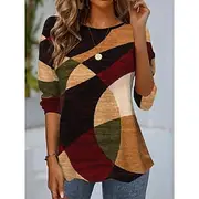 Women's T Shirt Modern Casual Geometric Print Long Sleeve Regular Tops Crew Neck Daily Wine Light Brown Blue Orange Brown Fall Winter