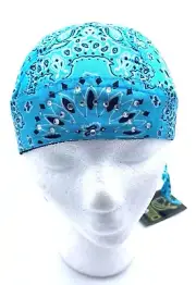 Women's Bling Teal Paisley Rhinestone Head Wrap Doo Rag Skull Cap with Sweatband