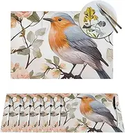 Floral Print Watercolor Robin Bird Placemats Set of 4 Pcs, 12x18 Inch Vinyl Wipeable Washable Place Mats for Kitchen Dining Table Decoration Heat Resistant Non-Slip Table Mats Modern Placemats