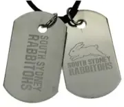SOUTH SYDNEY RABBITOHS NRL MENS DOUBLE DOG TAG S/S LEATHER NECKLACE JEWELLERY