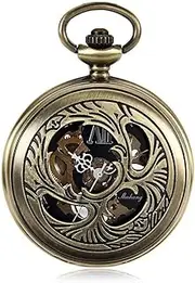 [QRDYL] Pocket Watch,Personalise Men's Wall Watch Clockwork Mechanical Watch Black Dial Retro Nostalgic Pocket Watch Green Bronze Hollow for Men Women