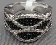 Black White Cubic Zirconia 925 Sterling Silver Ring Sz. 8, Bella Luce - New