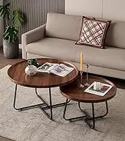 GTIWROTN Round Coffee Tables Living Room Set of 2, Nesting Walnut Coffee Table with Fluted, End Tables for Bedroom Office Balcony Yard (28"+20" Round Walnut)