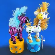 Zoo Wood Push Puppet Hand Painted Zebra Giraffe Toy Collapsing Figures Colorful