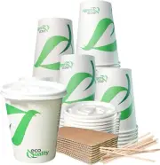 12oz Compostable Paper Cups with White Flat Lids, Sleeves, and Stirrers 300pcs