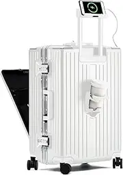 [YUNASAY] Aluminium Frame Carry on Luggage with Spinner Wheels and TSA Lock, PC Hardside Suitcase with Laptop Compartment, USB Port, Cup Holder& Phone Holder, White, 20inch, Carry on Luggage With Cup