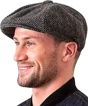 [Biddy Murphy] Men's Irish Donegal Tweed Cap, Wool Newsboy Flat Cap Traditional 8 Piece, Button Fastening, Herringbone