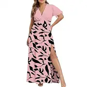 [Generic] Plus Size Dresses Sexy 3X for Women Elegant Trendy Short Sleeve V Neck Maxi Dress Casual Split Long Dress Long Formal for Women