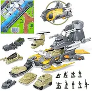 deAO Submarine Toy Naval Ship with Mat,10PCS Vehicle Tank Helicopter Plane & 10PCS Army Men Toy Soldiers,Ideal Gift Army Toys Set for Kids Boys Girls