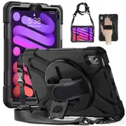 Catzon Onepiece iPad Mini 6 Case 8.3 Inch Shockproof Cover with Handle Strap Shoulder Strap-Black