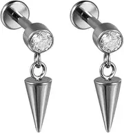 [Niaspi] 16G G23 Titanium Spike Cartilage Flat Back Earrings Studs for Women Men Round CZ Conch Helix Daith Dangle Stud Earrings Minimalist Cartilage Piercing Jewelry