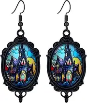 Dreuyet Gothic Castle Cameo Earrings for Women Vintage Crystal Glass Castle Earring Goth Punk Style Mystic Victorian Earrings Halloween Castle Wizard Witch Earring Jewelry