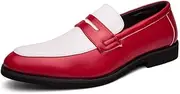 [HGRYNDRO] Formal Shoes for Men Slip On Round Toe Two Tone PU Leather Penny Loafer Block Heel Non Slip Low Top Rubber Sole Casual(White Red,8 UK)