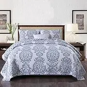 USTIDE Rustic Classical Floral Quilted Bedspread 3-Piece Luxurious Blossom Blue Bedding Set King Size Cotton Qulit Coverlet with 2 Pillowcases Throw Quilted Comforter Home Collection for All Season
