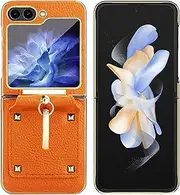 [JOJOBE] Leather Phone Case for Samsung Galaxy Z FLIP 6 5G Case, Simple Fashion Litchi Texture PU Leather Cover for Samsung Galaxy Z FLIP6 Slim Case with Ring Women Orange