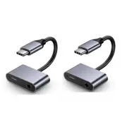 2PCS 2in1 Type C To 3.5mm Jack Headphone Aux Converter For iPhone IOS 15 Samsung Xiaomi Huawei - Grey