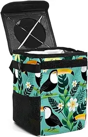 Car Trash Can with Lid,Bag Hanging Storage Pockets Leak-Proof,Portable Garbage Bin,Birds Tropical Toucans