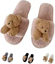 [UNMULFC] Bear Fuzzy Slippers Fluffy Slippers Plush Cute Warm Y2k Aesthetic for House Bedroom Slides Slip-on Non-Slip Indoor Shoes Cartoon Animal Sandal for Women Bear Sandal