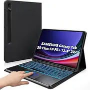 [IXTRA] Keyboard Case with Touchpad for Samsung Galaxy Tab S10+ Plus, S9+ Plus, S9 FE+ Plus 12.4 Inch Keyboard Case Magnetic Detachable Bluetooth Keyboard with 7 Color Backlit S Pen Holder, Black