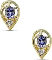 [KOKAV] 14K Yellow Gold Tanzanite Stud. 4x3mm Oval Genuine Tanzanite Diamond Accent Dainty Minimalist Women's Stud Earrings