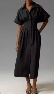 Anthropologie Exquise Black Tobie Button-Front Pleated Shirt Dress sz S ST