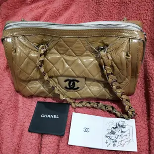 二手 CHANEL 香奈兒 漆皮 手提包 肩背包 駝色 正品