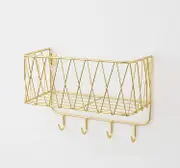 Wall Shelf Floating Shelf With Metal Grid, Wall Shelf With Hooks, Towel Rail, Wall Wardrobe Floating Home Decor Golden 4 Haken