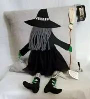 Cynthia Rowley Curious Halloween Black Witch w/ Broom Throw Pillow 20X20 New
