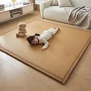 Premium Woven Rattan Tatami Mattress, Foldable Floor Mat with Cooling Non-Slip Base for Yoga, Lounging & Travel(Checkered Brown,79x79inch)