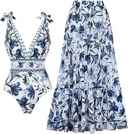 [FLAXMAKER] Blue and White V Neck Lace Up Stripes Plant Print One Piece Swimsuit and Skirt/Sarong
