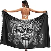 [XYMZR] Women's Sarong Swimsuit Coverups Scary Face Myth Chiffon Bikini Wraps Skirt with Tassels L