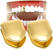 2 Pieces 14k Plated Gold Mouth Teeth, Teeth Plain , Top Tooth Single Grill Cap For Teeth Mouth, Party Accessories Teeth Grills (color : Gold)