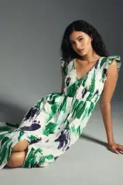 Anthropologie Peregrine Midi Dress Paintbrush Strokes Art Smocked Size L NEW