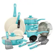 GreenLife Soft Grip 16 Piece Cookware Set Caribbean Blue