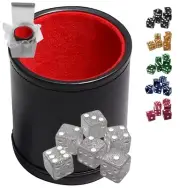 6) Transparent Glitter Dice + Black PU Leather Grey Felt Lined Cup (Gift Boxed)