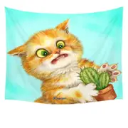 Funny Ginger Cat Playing with a Cactus Tapestry