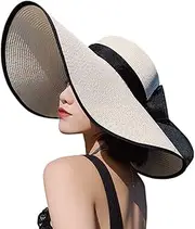 [GLIGLITTR] Womens Sun Straw Hat Wide Big Brim UV UPF 50+ Protection Summer Hat Foldable Roll up Floppy Beach Travel Cap Women