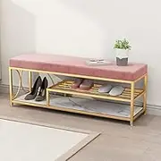 Modern Velvet Padded Metal Shoe Rack Bench Shoe Changing Stool for Living Room Bedroom Entryway Hallway-Pink 100x35x45cm