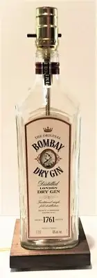 Bombay Dry Gin Large 1.75L White Label Bar Bottle TABLE LAMP Light w/ Wood Base