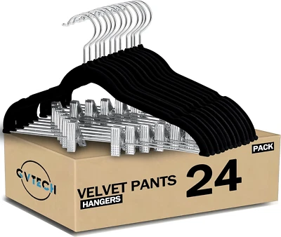 Velvet Hangers with Clips, [24 Pack] Metal Clip Hangers for Pants - Notched Velv