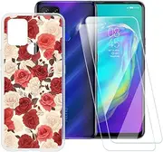 ESACMOT Rose Pattern Case Compatible with Tecno Pova LC7 + [2 Pack] Screen Protector Tempered Glass, Shockproof Case Cover for Tecno Pova LC7 (6.8 inch)