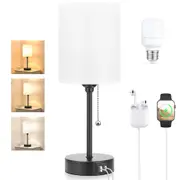 CLORA 2 Pack Bedside lamp Bedroom Table Light Nightstand USB Charging Pull Chain Home White Lampshade