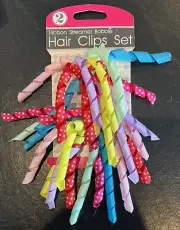 2Pc Ribbon Streamer Bobble Hair Clips Set with Long Ribbons