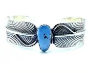 Navajo Golden Hills Turquoise Sterling Silver Handmade Feather Bracelet - Aaron