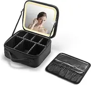 ZANZER Travel Makeup Case with Lighted Mirror - Professional Cosmetic Organizer Bag with Adjustable Dividers, Rechargeable LED Vanity for Makeup Artists, Black