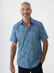 Short Sleeve Print Shirt Denim 2 Tone Leaf