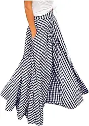 [Generic] Plaid Midi Skirts for Women Women fs Elastic High Waist Boho Maxi Skirt Ruffle A Line Swing Long Skirts Skirt and Top Set (b-Blue, M)