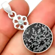 Snow Flake Obsidian & Sky Blue Topaz 925 Sterling Silver Pendant Jewelry P-1634