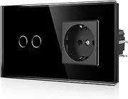 CNBINGO Touch Light Switch and Socket with Plug-in Terminal - Schuko Socket Flush-Mounted - Double Wall Switch with LED Status and Glass Panel - 2 Gang - Black